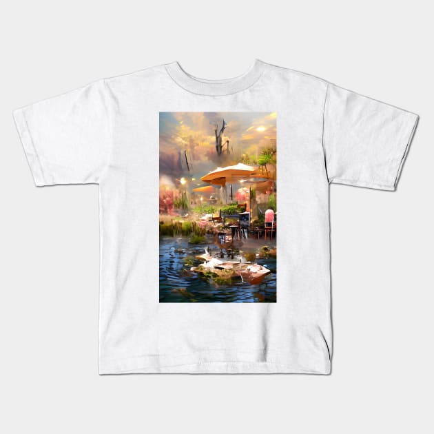 The Coffee Teal ocean Pond | Sunset Pond Cafe Kids T-Shirt by PsychicLove